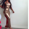TrendzByShe liquid bronze backless maxi dress displayed on a model, featuring a flowing silhouette and elegant design.