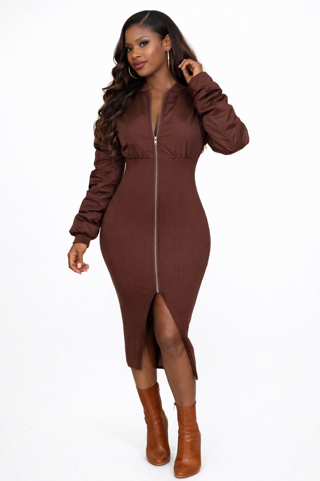Mocha Mix Puffer Ribbed Midi Dress Jacket