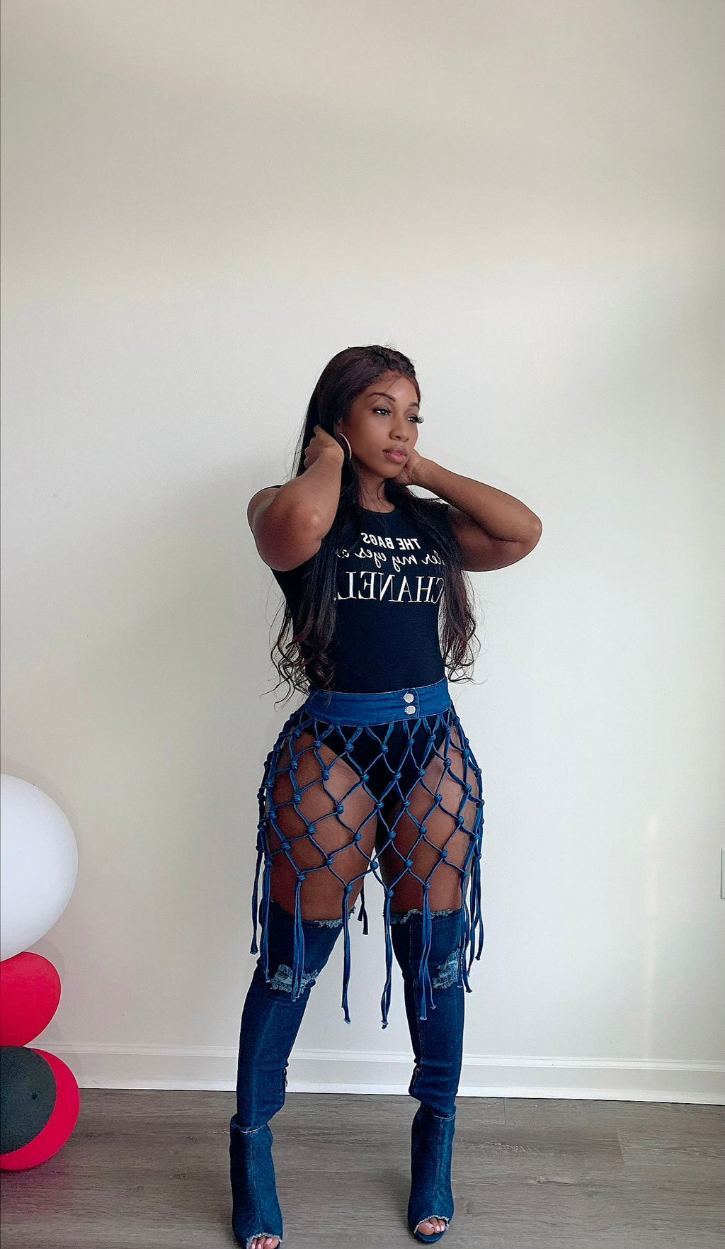 Caged crochet denim skirt