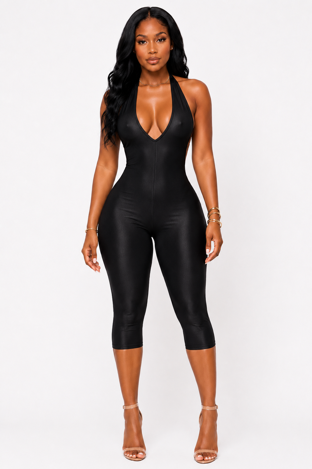 Open Back Shiny Capri Jumpsuit