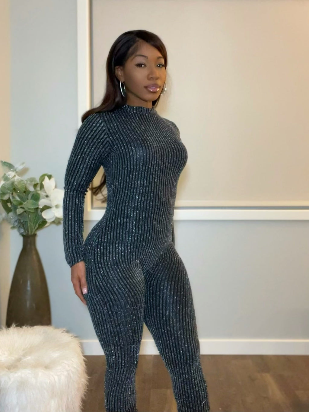 Tinsel shimmer long flare  jumpsuit