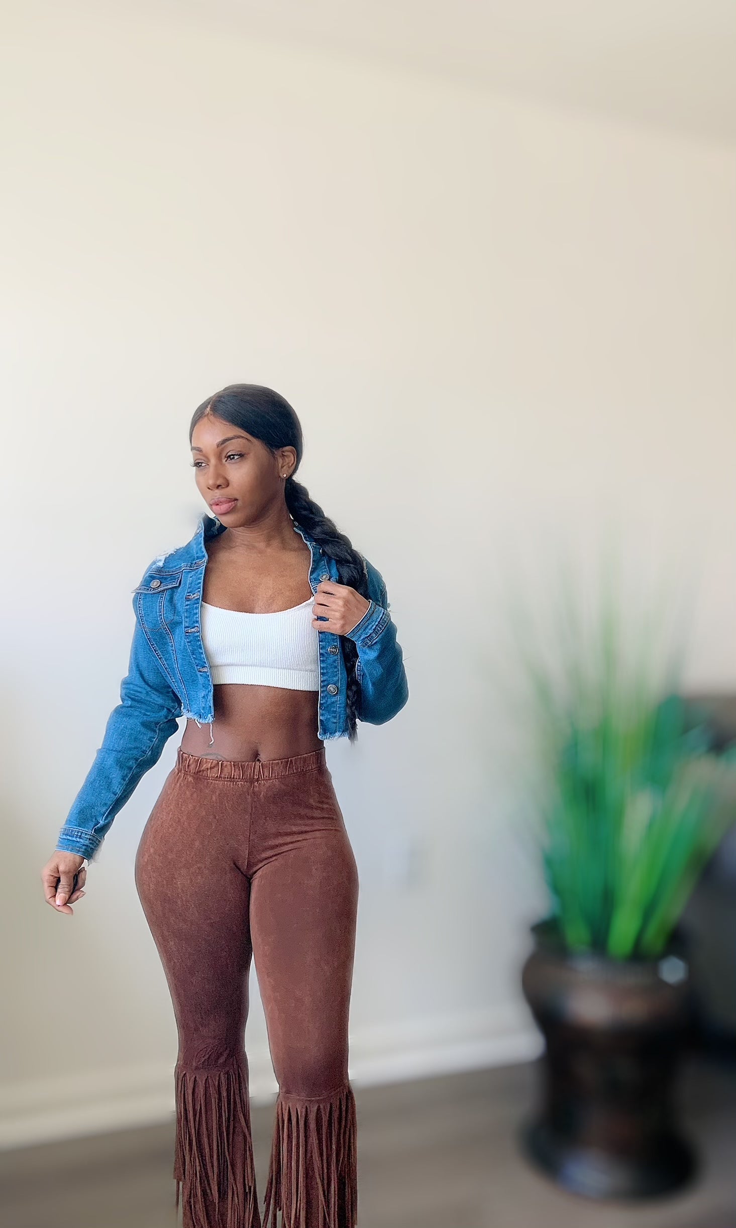 Tassel Me fringe bell bottom spandex pants