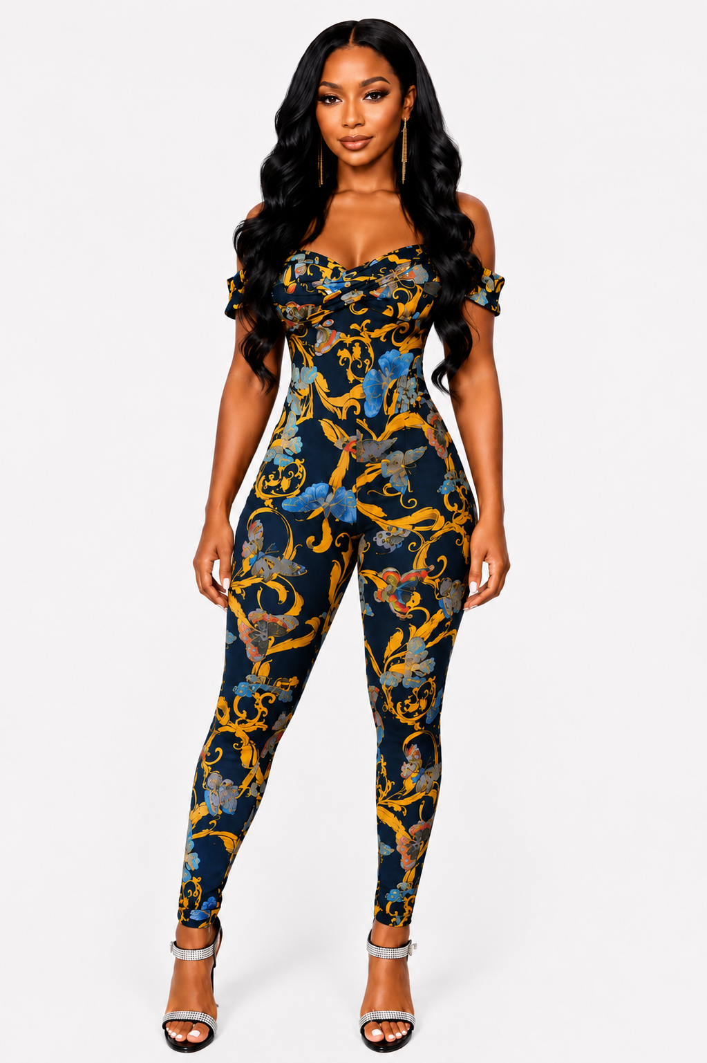 Golden Muse off-shoulder two-piece bodysuit set by TrendzByShe, featuring a stylish matching top and bottom in a vibrant gold color.