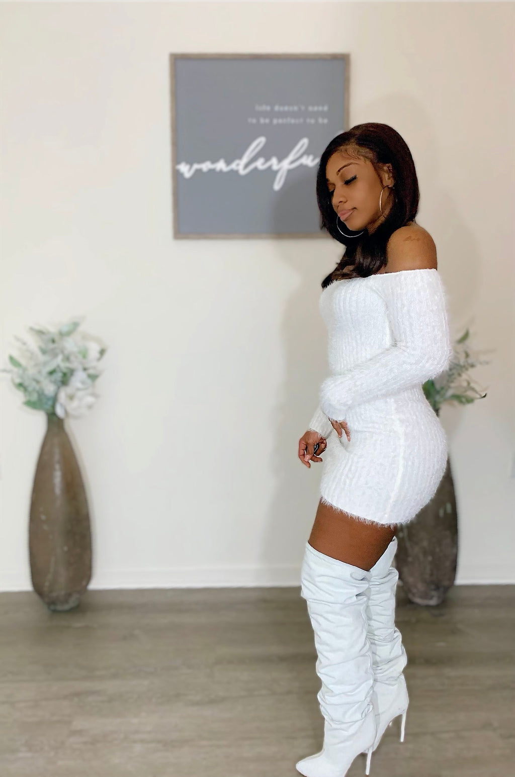 Pillow Talk off shoulder furry mini dress