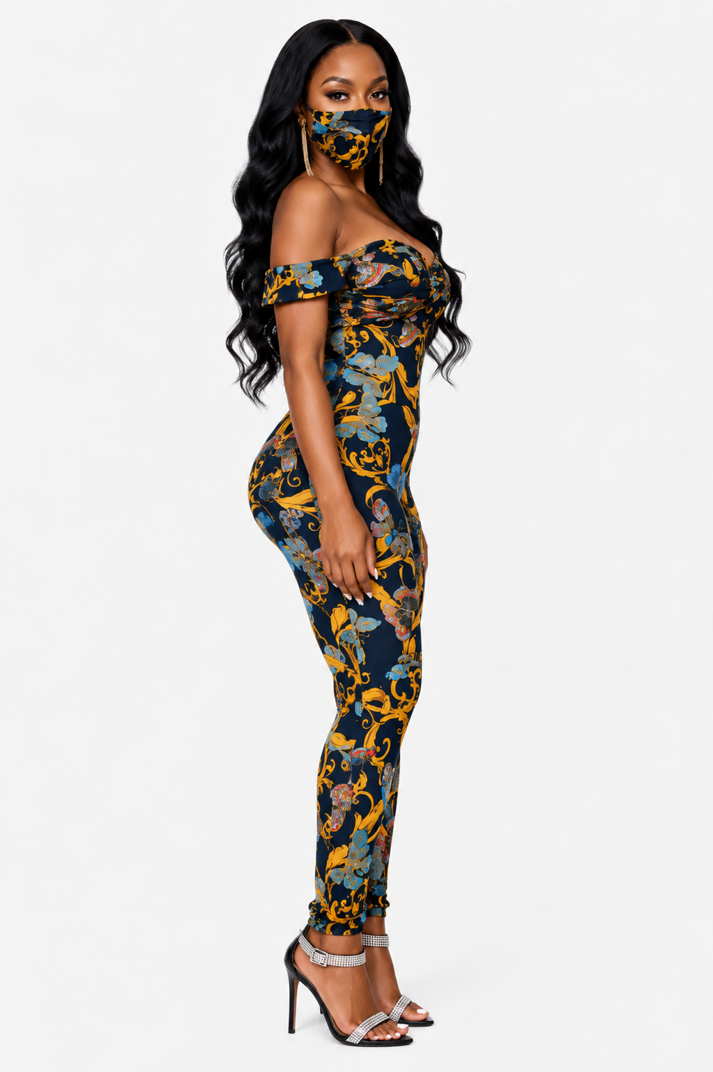 Golden Muse off-shoulder two-piece bodysuit set by TrendzByShe, featuring stylish crop top and matching high-waisted bottoms.