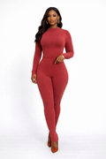 TrendzByShe Peachy Boot Cut One-Piece Jumpsuit, stylish peach-colored jumpsuit with boot cut legs, full-length view.