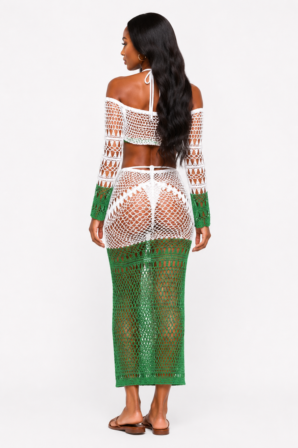 Emerald Breeze crochet swimwear skirt set by Trendz by She featuring a stylish crochet design and vibrant green color.