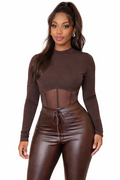 Black mesh panel bodysuit by TrendzbyShe featuring sheer mesh fabric and fitted design, shown on a mannequin.