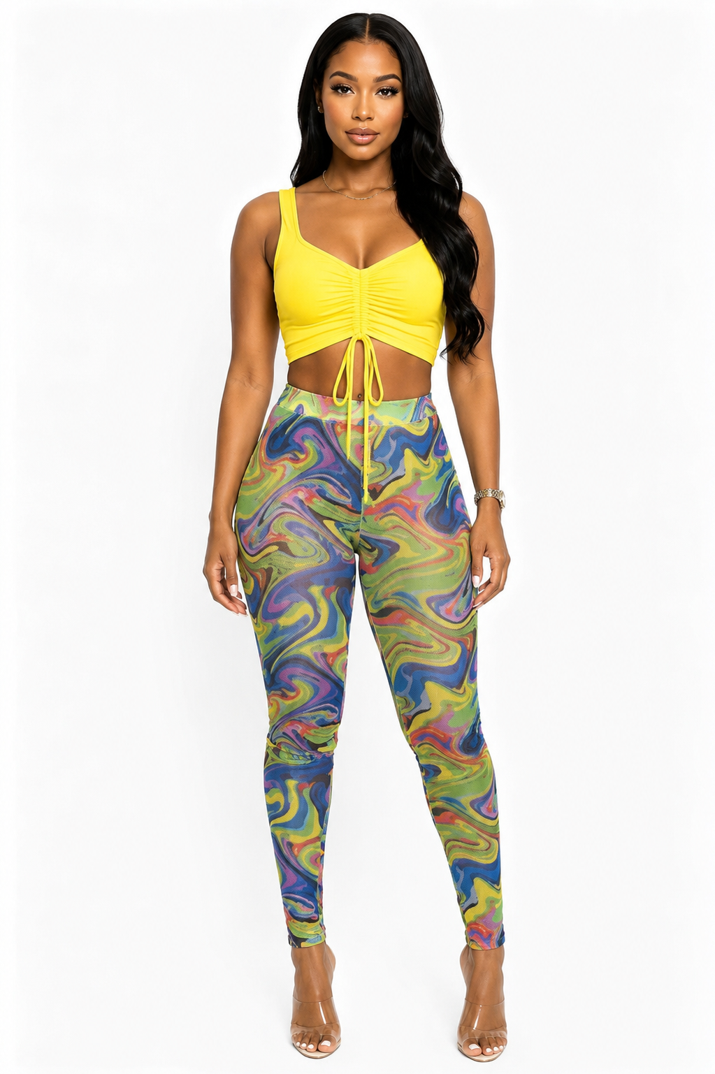Vivid mesh legging set by TrendzbyShe featuring vibrant mesh fabric and matching leggings for a stylish activewear look.