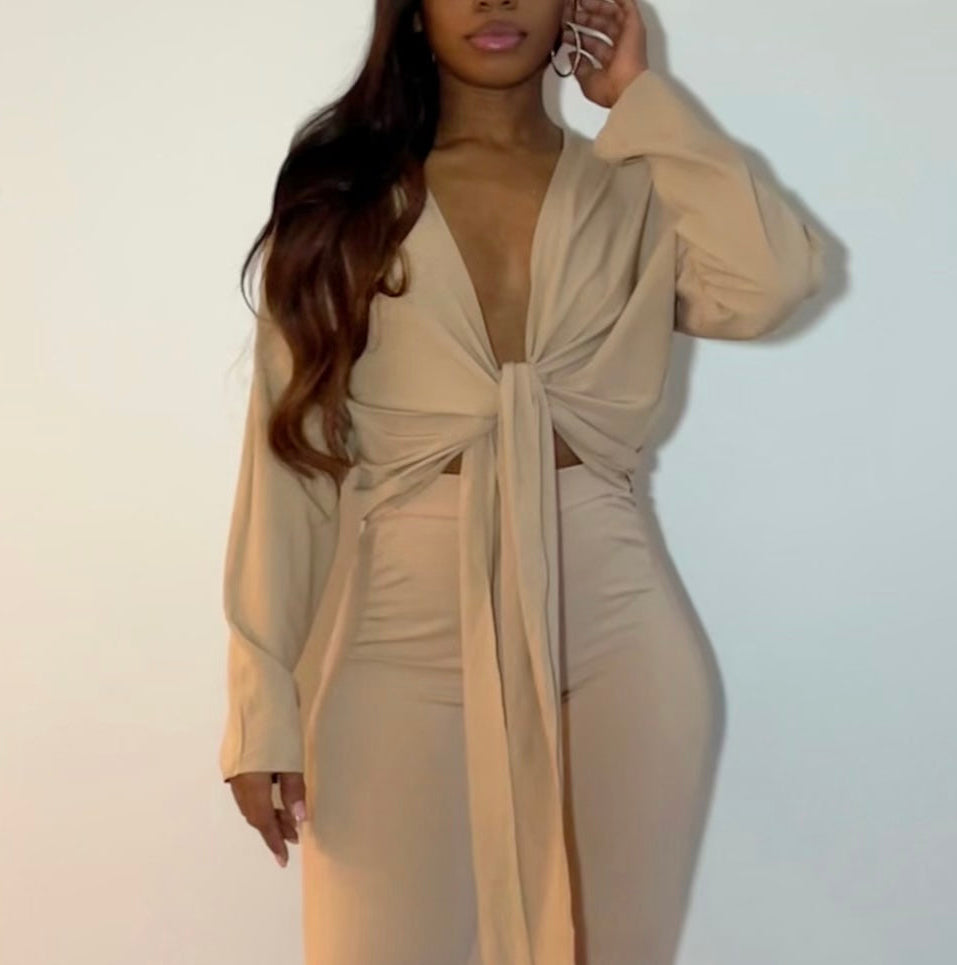 Plunged Tie-Front Blouse