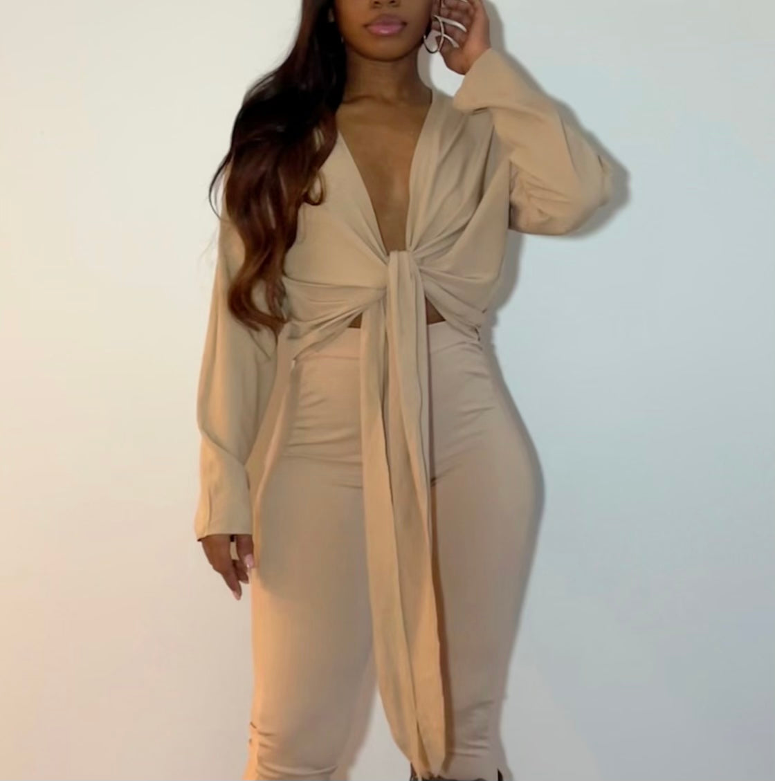 Tied plunge wrap shirt