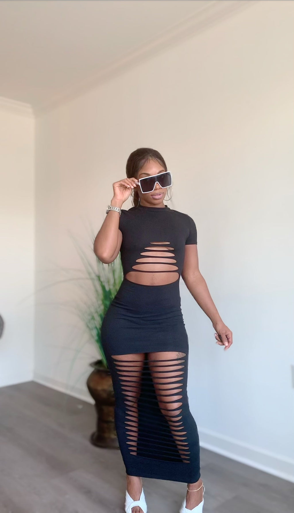 Slashed distressed maxi dress