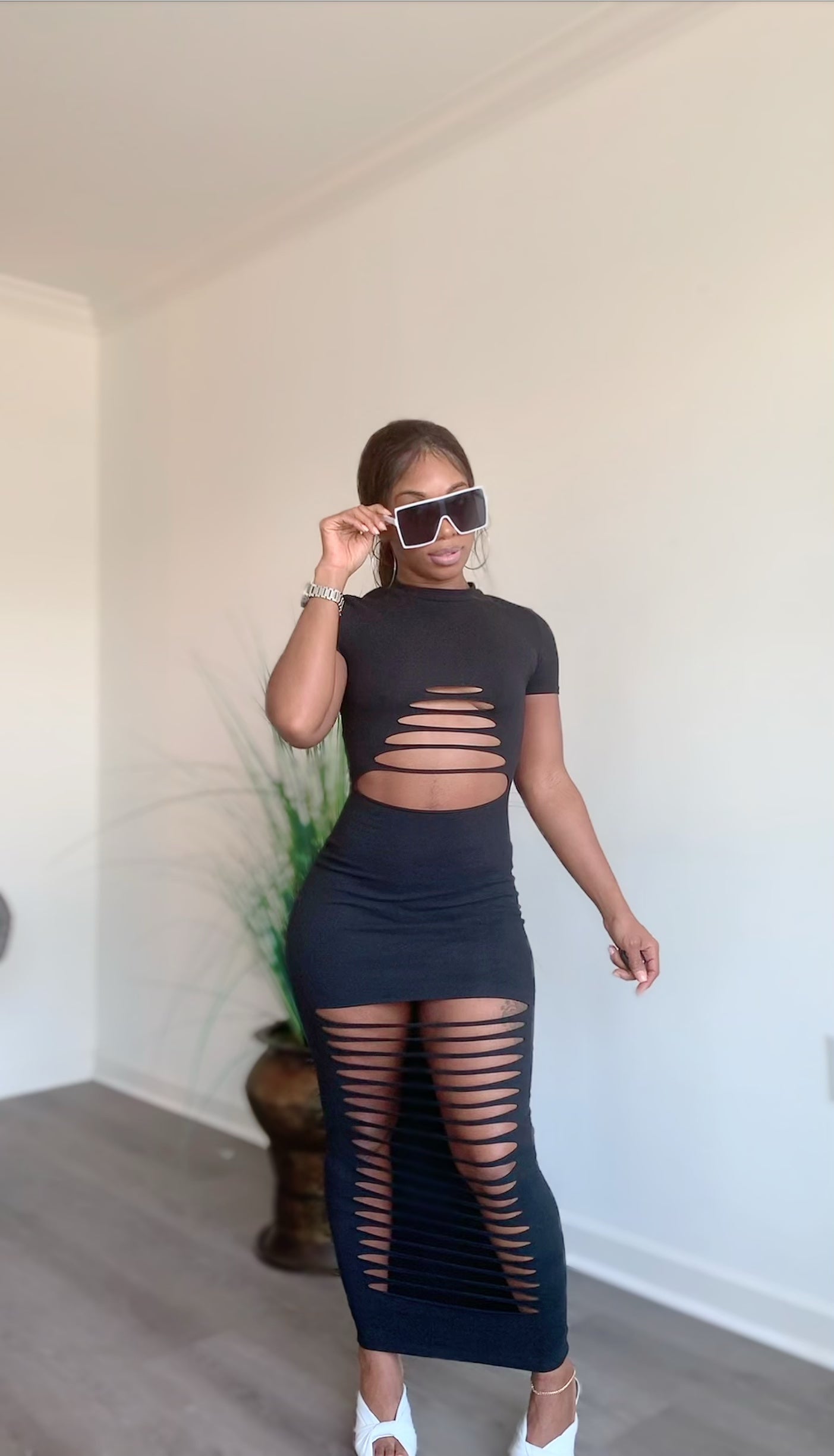 Slashed distressed maxi dress