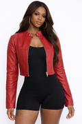 Trendz by She Fire Luxe Moto Cropped Jacket in black with silver hardware, featuring a fitted silhouette and stylish detailing.