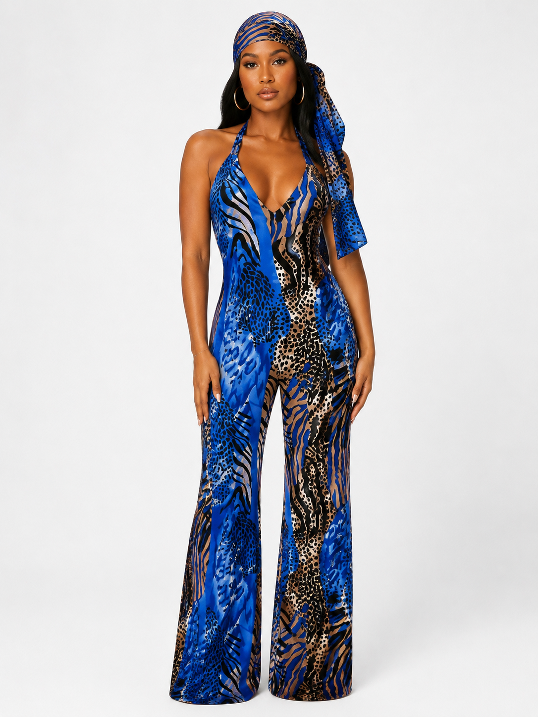 Blue Safari Halter Jumpsuit with Matching Headband