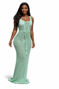Mint Breeze crochet maxi swimwear dress by TrendzbyShe featuring a flowing design and intricate crochet details.
