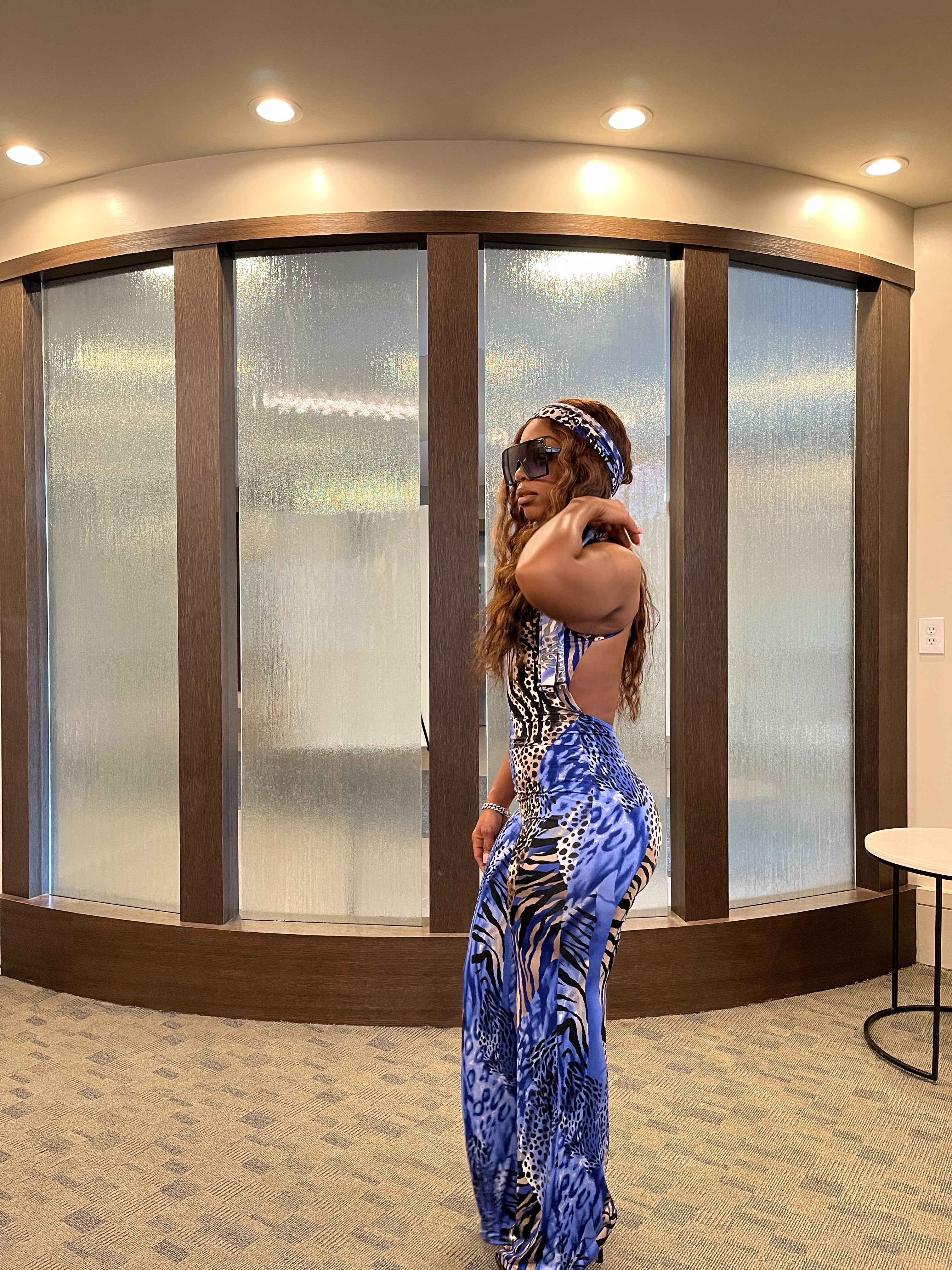 Safari animal print backless jumpsuit