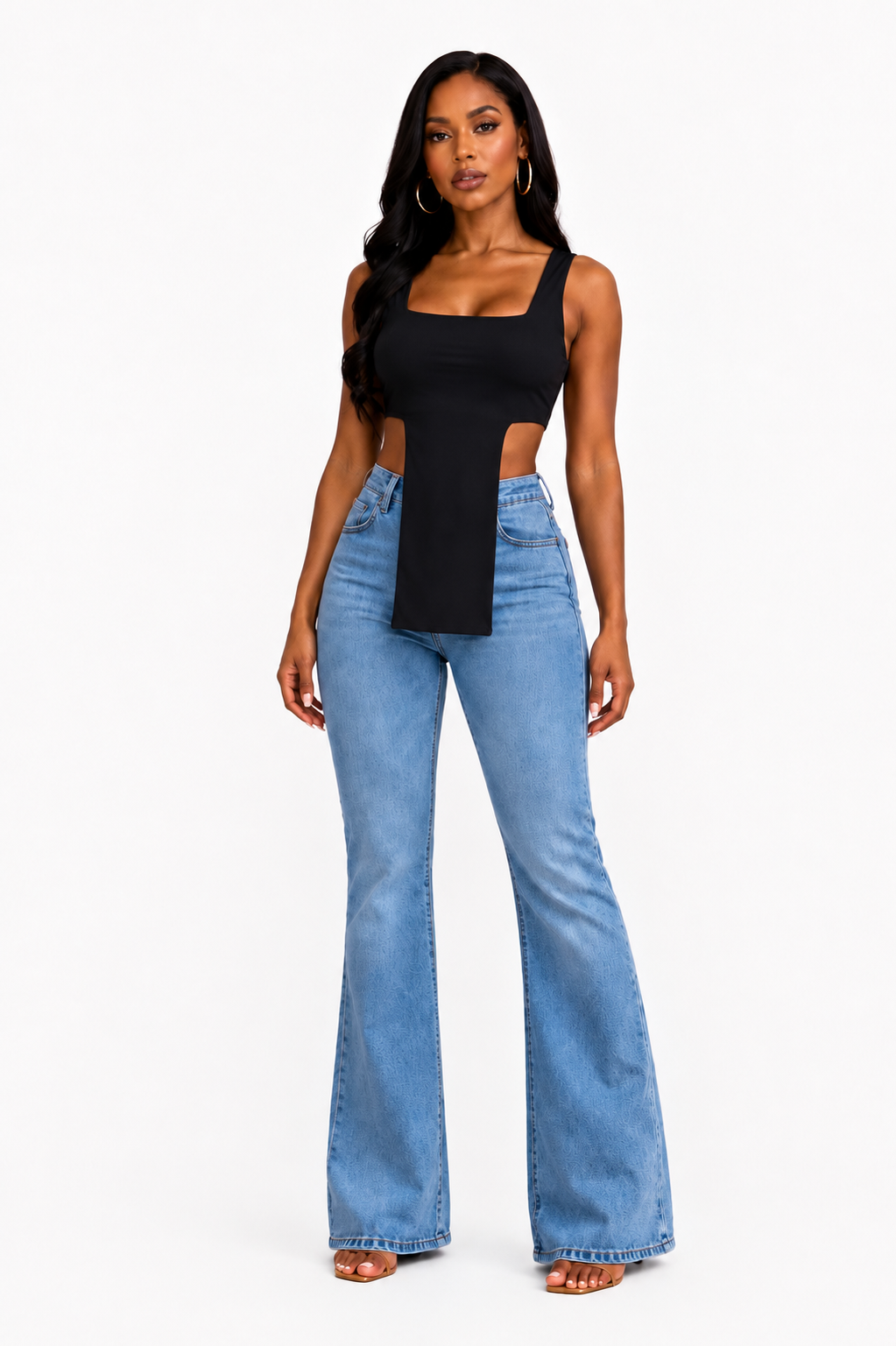 Black contour cut-out top by TrendzByShe featuring a fitted design and stylish cut-out details on the shoulders and neckline.