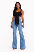 Black contour cut-out top by TrendzByShe featuring a fitted design and stylish cut-out details on the shoulders and neckline.