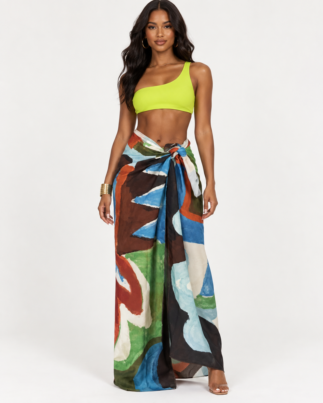 Lime Glow One-Shoulder Ribbed Bikini Set