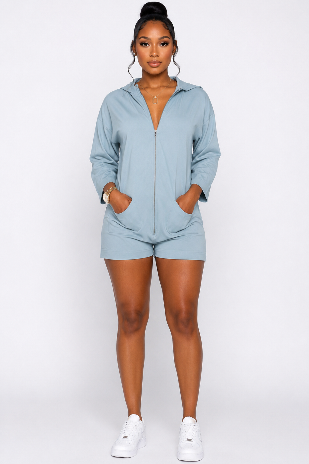 TrendzbyShe Weekend Chill Hooded Romper, casual jumpsuit with hood, soft fabric, perfect for relaxed weekend wear.