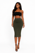 Olive midi bodycon skirt from TrendzbyShe featuring a fitted design and knee-length style displayed on a model.