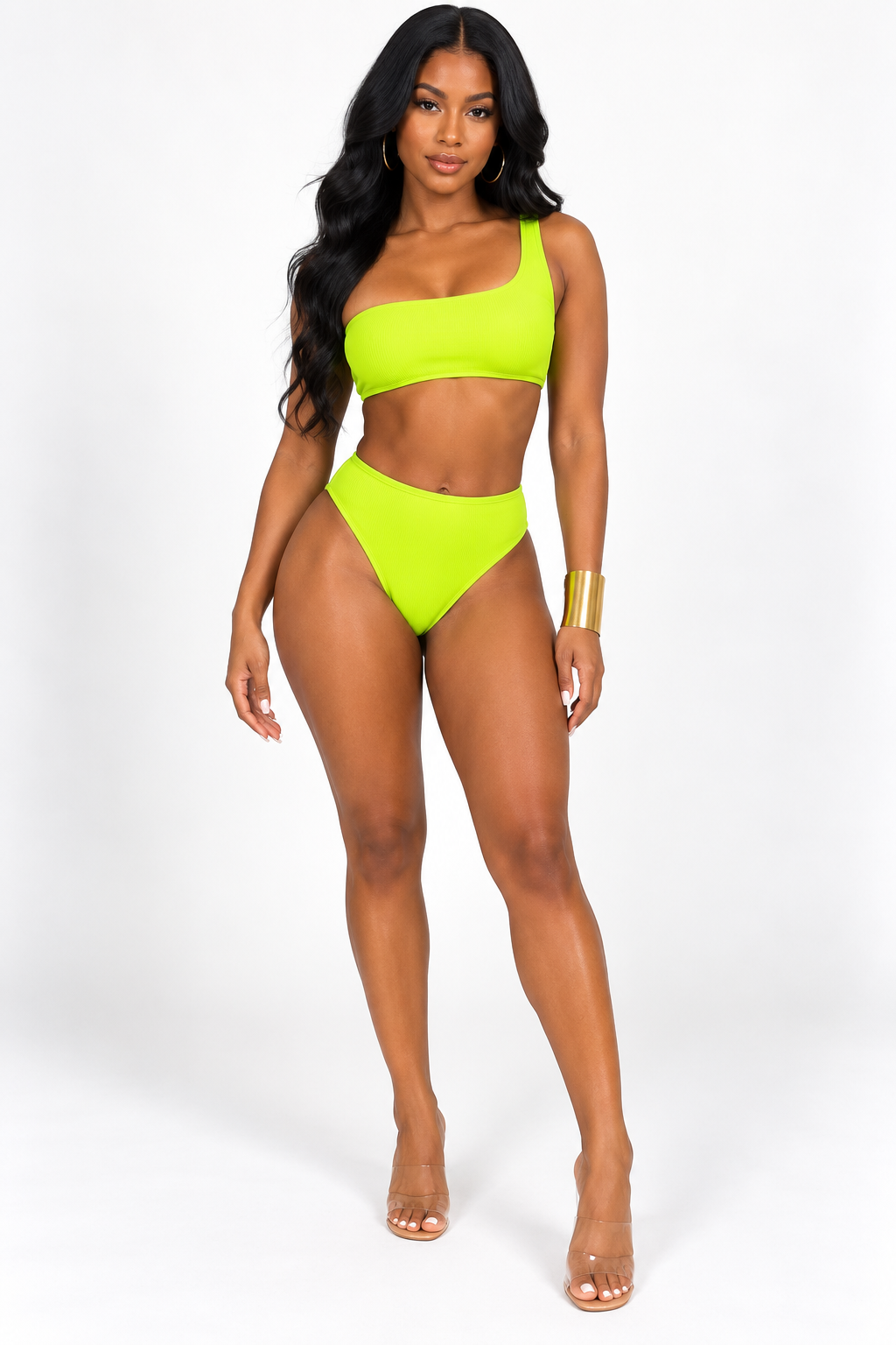 Lime Glow One-Shoulder Ribbed Bikini Set