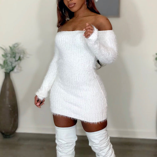 Pillow Talk off shoulder furry mini dress