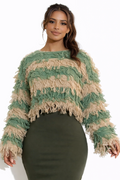 TrendzbyShe shaggy fringe knit sweater, soft and cozy shirt with textured fringe details, perfect for casual wear.