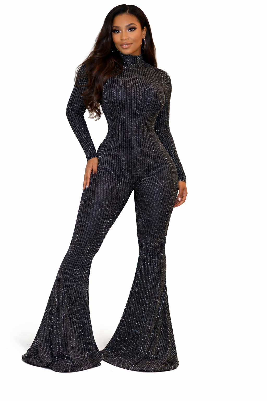 Black Ribbed Glitter Flare Jumpsuit – Bodycon Long Sleeve Outfit