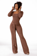 Mocha Muse ribbed jumpsuit by Trendz by She, featuring a fitted design and sleeveless style, displayed on a hanger.