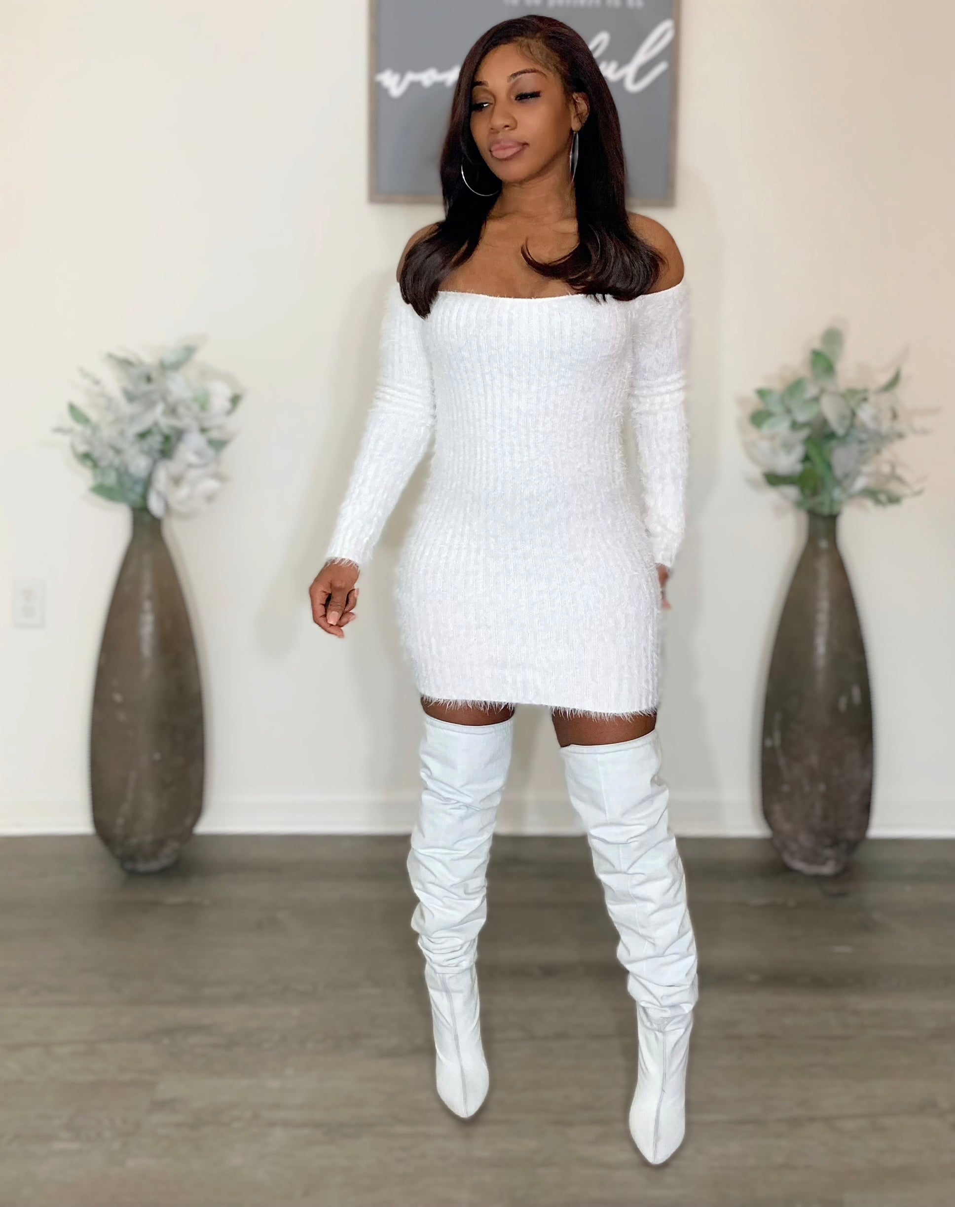 Pillow Talk off shoulder furry mini dress