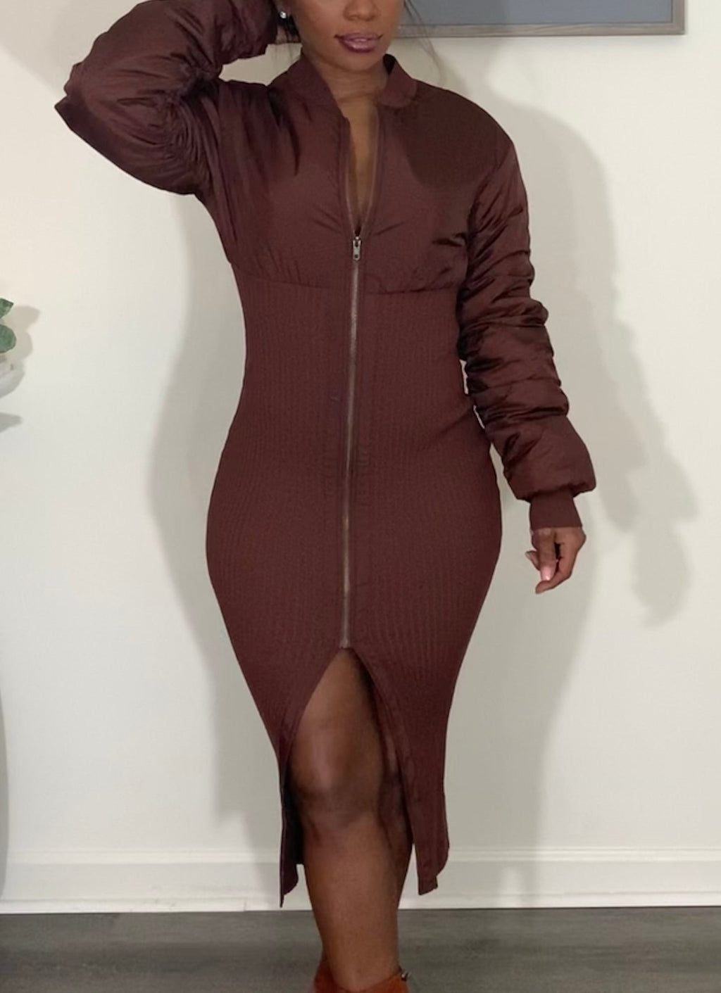 Mocha Mix Puffer Ribbed Midi Dress Jacket