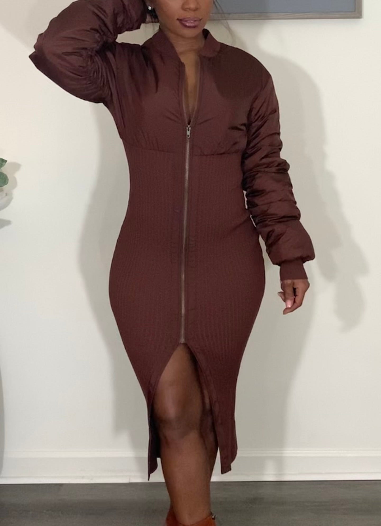 Mocha Mix Puffer Ribbed Midi Dress Jacket