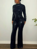 Black Sleek Noir high-shine jumpsuit from Trendz by She, featuring a fitted one-piece design and glossy fabric.