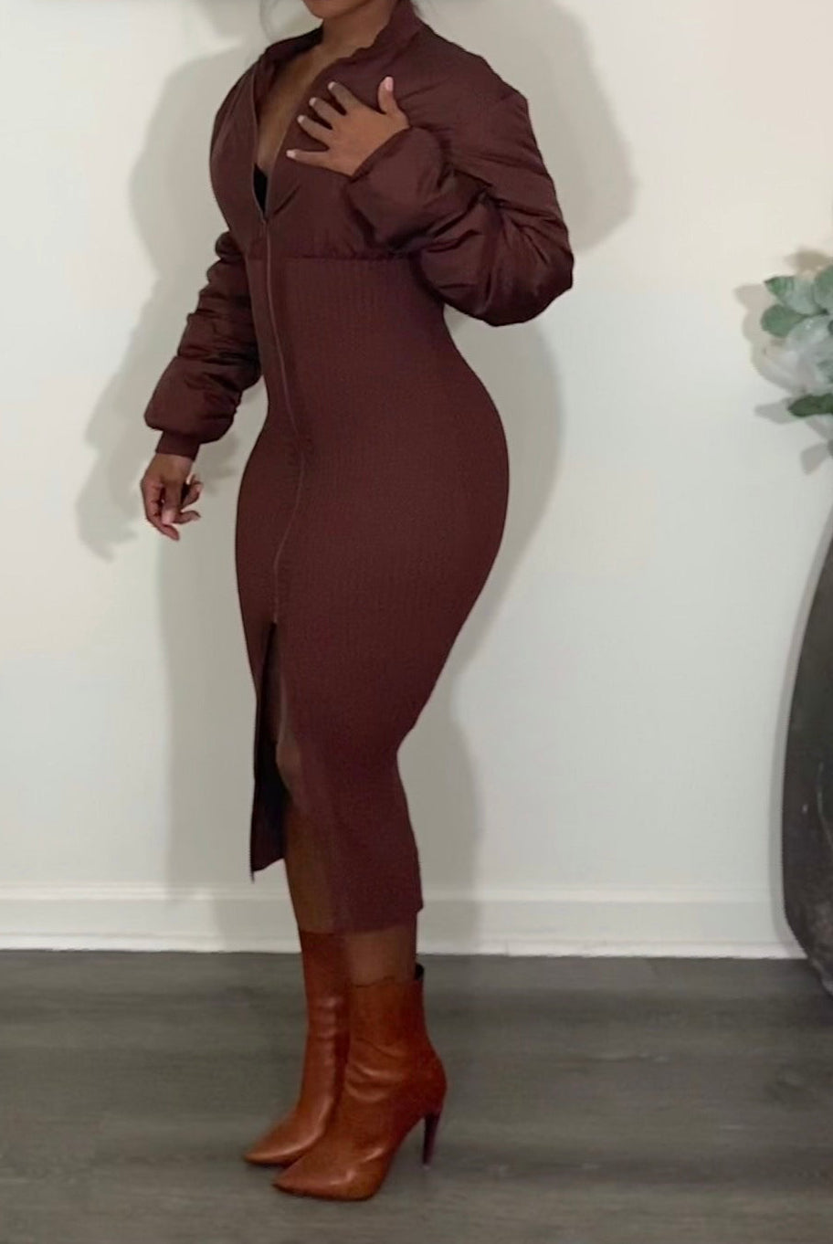 Mocha Mix Puffer Ribbed Midi Dress Jacket