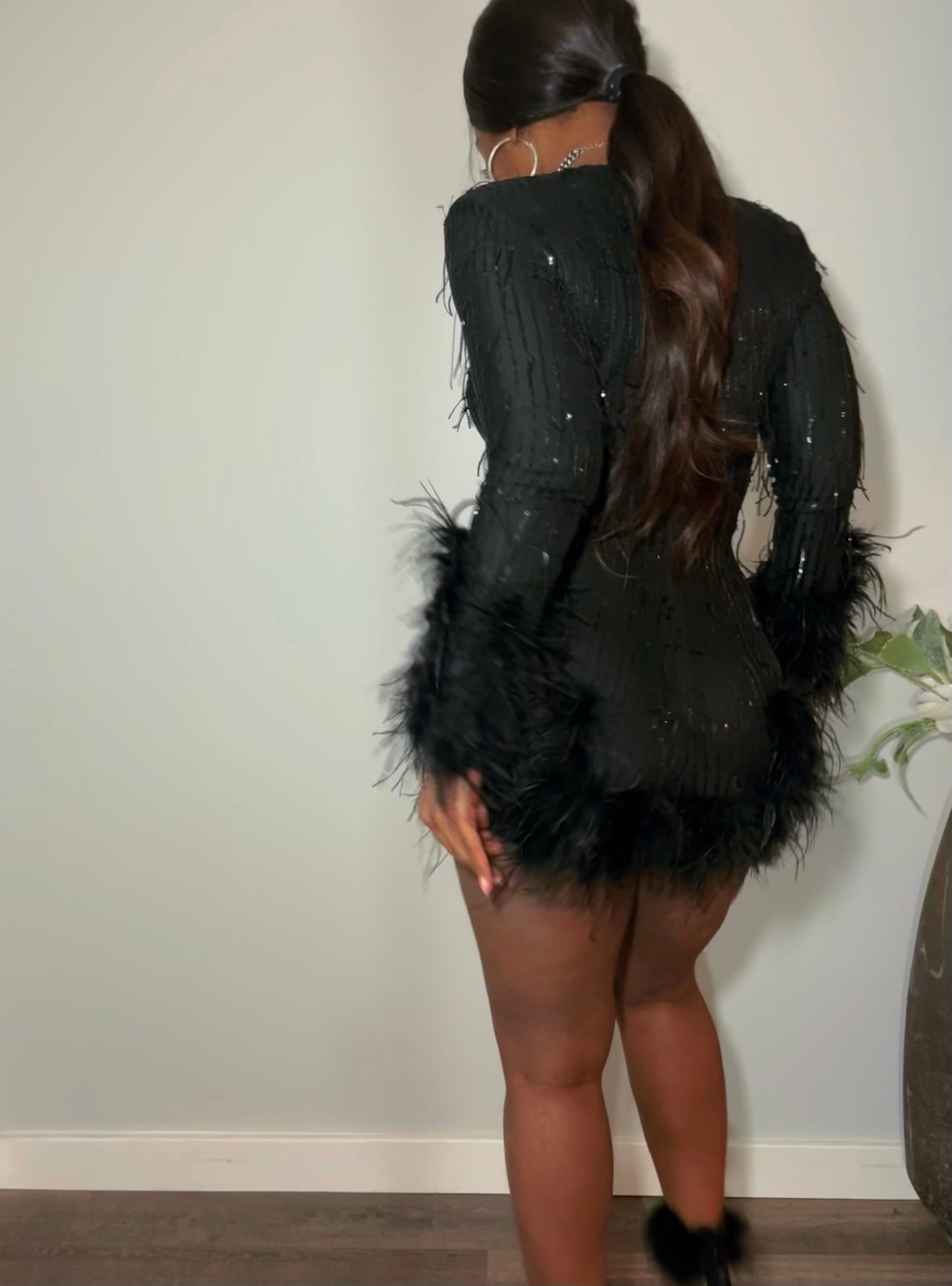 Champagne nights sequence ostrich feathered jumpsuit