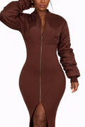 Mocha mix puffer ribbed midi dress jacket by TrendzbyShe, shown in a close-up image highlighting the quilted puffer texture and ribbed design.