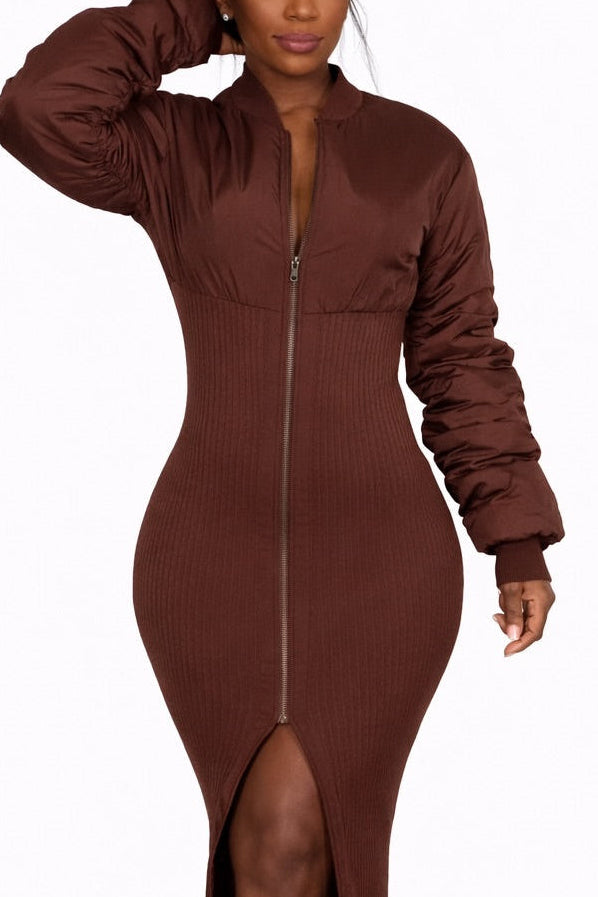 Mocha Mix Puffer Ribbed Midi Dress Jacket
