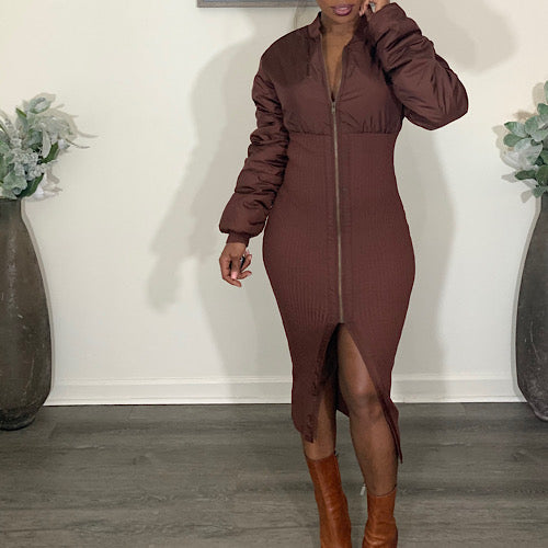 Mocha Mix Puffer Ribbed Midi Dress Jacket