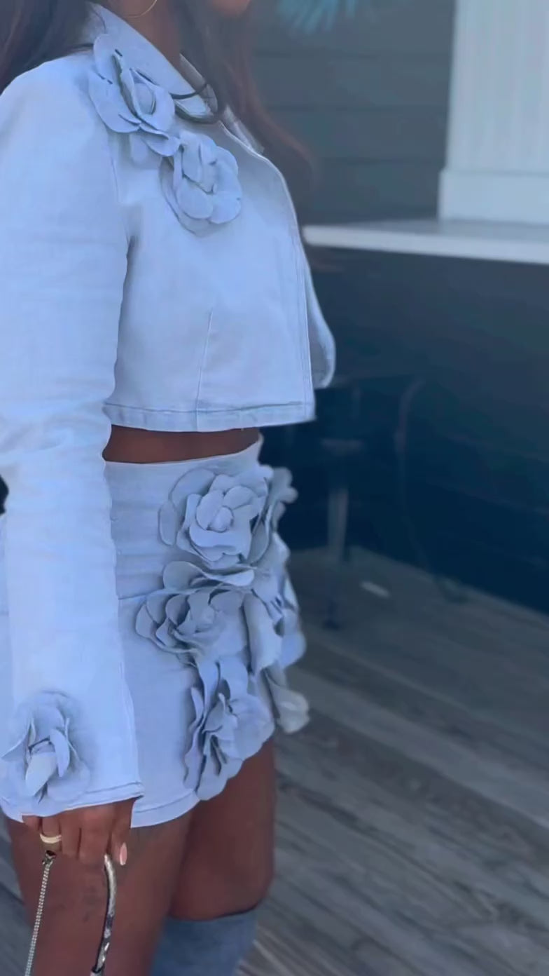 Blue Bloom 3D Floral Skirt Set